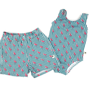 Pin Stripe Flamingo Swim Shorts and Swim Suit